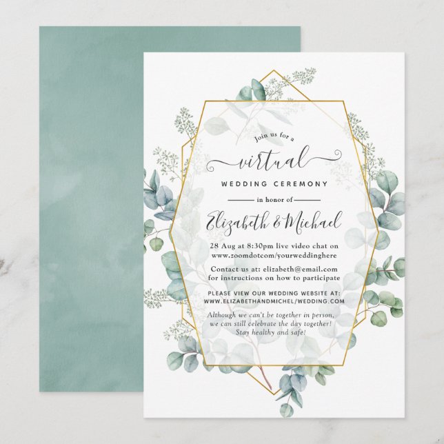 Trendy Eukalyptus Geometric Online Virtual Wedding Einladung (Vorne/Hinten)