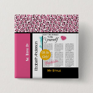 Trendy Fashion Newsprint Pink Leopard and Name Button