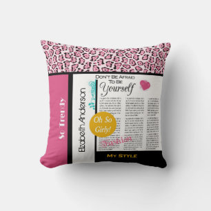 Trendy Fashion Newsprint Pink Leopard und Name Kissen
