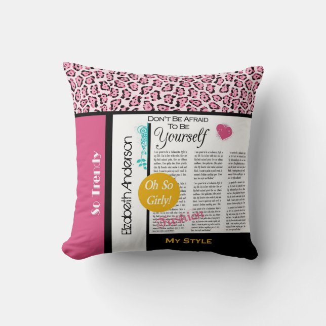 Trendy Fashion Newsprint Pink Leopard und Name Kissen (Vorderseite)