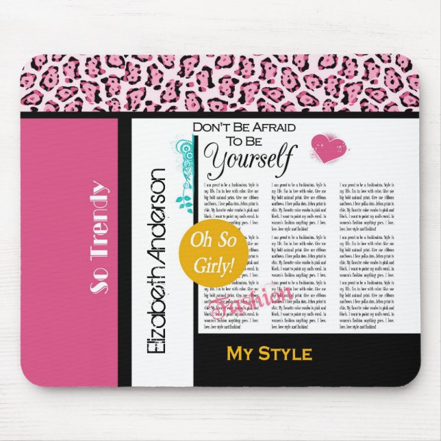 Trendy Fashion Newsprint Pink Leopard und Name Mousepad (Vorne)