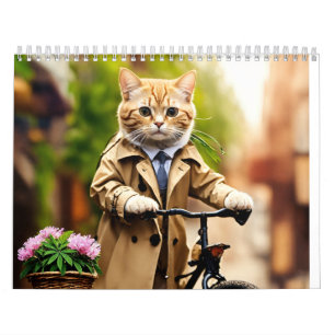 : Trendy Feline Adventure: Cat in Trench Coat on B Kalender
