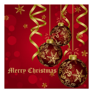 Trendy Festive Red & Golden Christmas Ornaments Poster