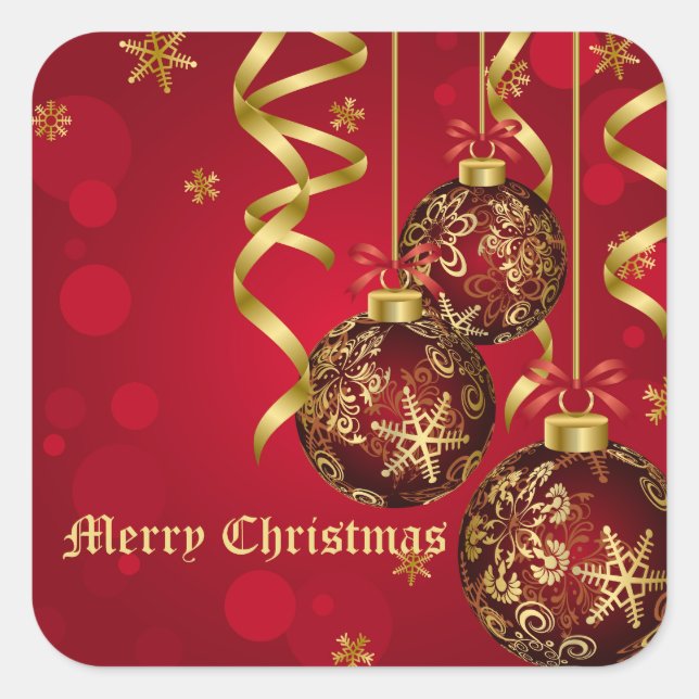 Trendy Festive Red & Golden Christmas Ornaments Quadratischer Aufkleber (Vorderseite)