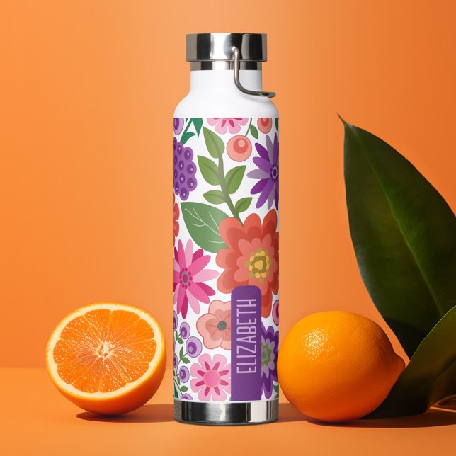Trendy Flor Art Muster mit Namensblock Trinkflasche (Personalized water bottle with custom text - funky flowers)