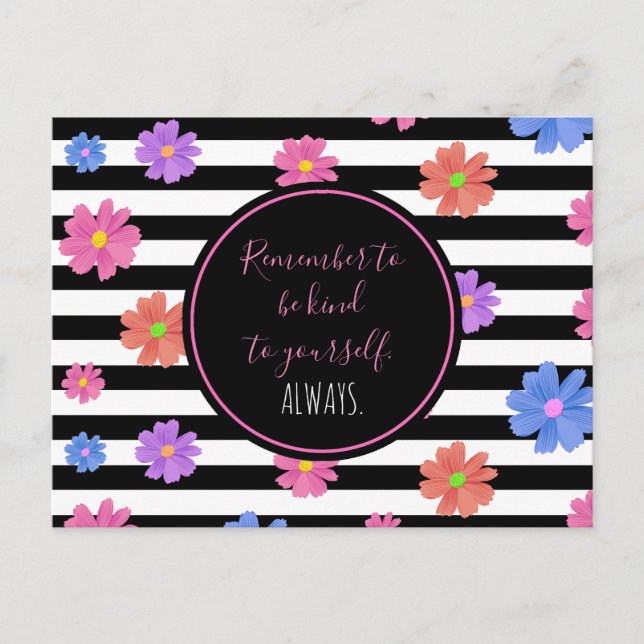 Trendy Floral Black & White Streifen Motivierend Postkarte (Vorderseite)