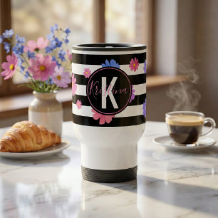 Trendy Floral Black & White Streifen Personalisier Reisebecher