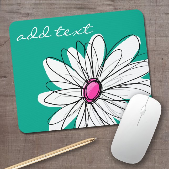 Trendy Floral Daisy Illustration - Rosa und Grün Mousepad (Personalized mouse pad with your name)