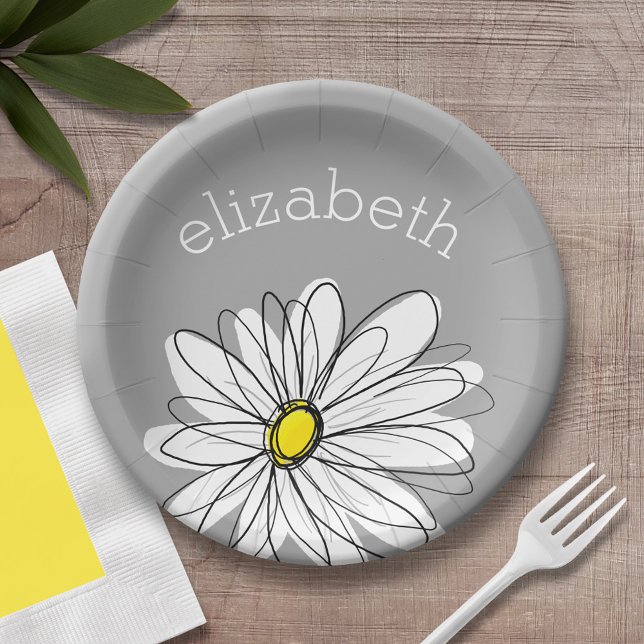Trendy Floral Daisy mit graugelbem individuelle Na Pappteller (Personalized party plate with area for name - whimsical daisy )