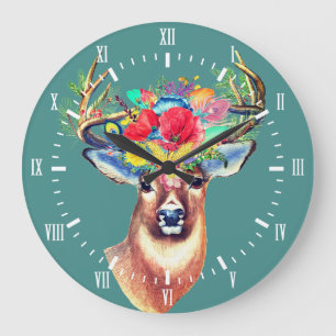 Trendy Floral Deer Antlers Illustration Große Wanduhr