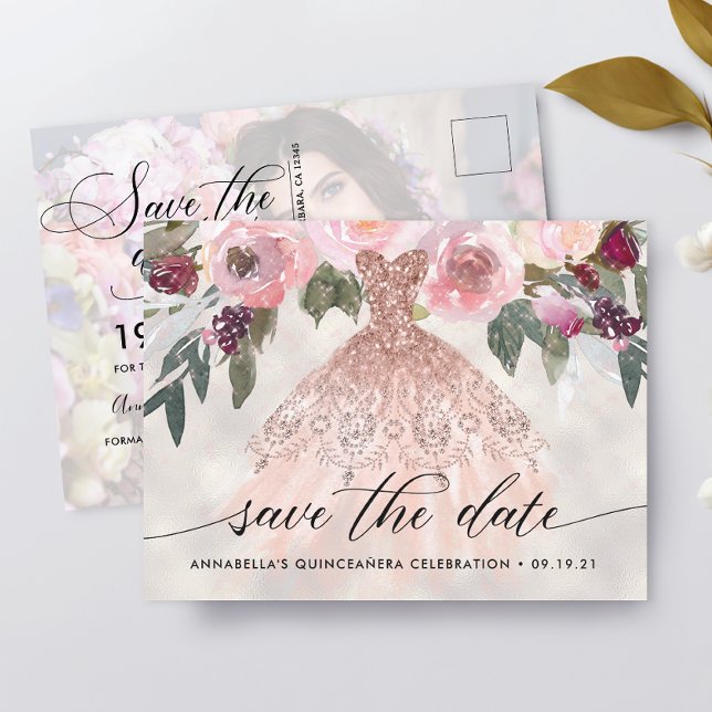 Trendy Floral Foto Quinceañera Save the Date Postkarte (Von Creator hochgeladen)