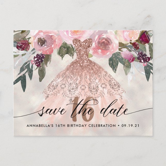 Trendy Floral Foto Sweet 16 Save the Date Postkarte (Vorderseite)