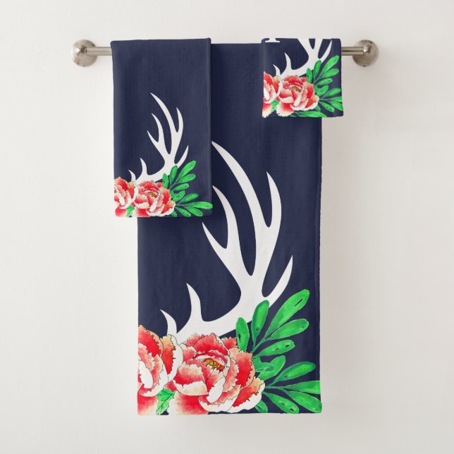 Trendy Floral Peonies & Deer Antlers Badhandtuch Set (Insitu)