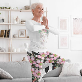 Trendy Floral Pink Schwarz-weißes Muster Monogramm Leggings