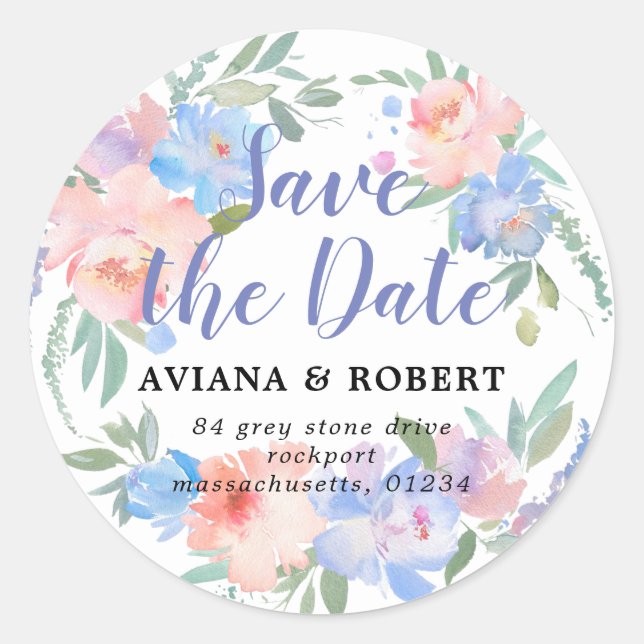Trendy Floral Save the Date Rücksendeadressen-Aufk Runder Aufkleber (Vorderseite)