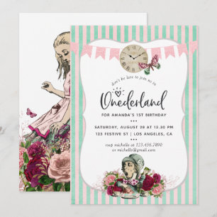 Trendy floral Vintag Alice in Onederland Geburtsta Einladung