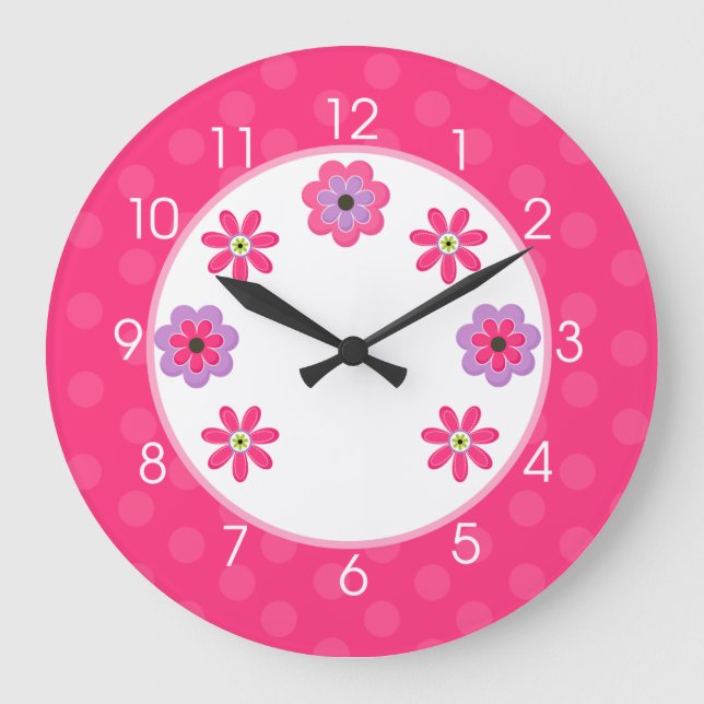 Trendy Flowers Girly Nursery Clock - Pink Große Wanduhr (Vorderseite)