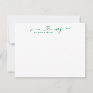 Trendy Forest Green Heart Name Monogram Mitteilungskarte