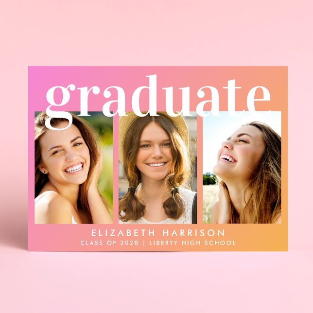 Trendy Foto Collage Pink Orange Abschluss Ankündigung (Share the pride and excitement of your graduate's achievement with friends and family near and far)