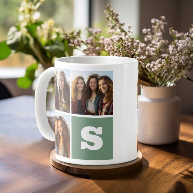 Trendy-FotoCollage mit grünem Monogramm Kaffeetasse (Personalized Coffee Mug)