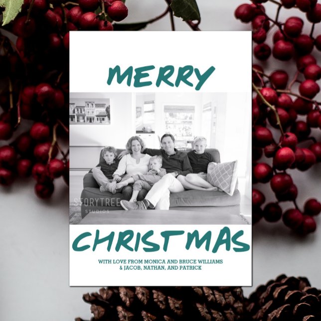 Trendy Frohe Weihnachts-Fotokarte | AQUAMARIN Feiertagskarte (Teal Trendy Merry Christmas Photo Card)