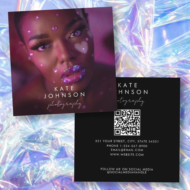 Trendy Full Photo QR Code Script Calligraphy Quadratische Visitenkarte (Trendy Full Photo QR Code Script Calligraphy Square Business Card)