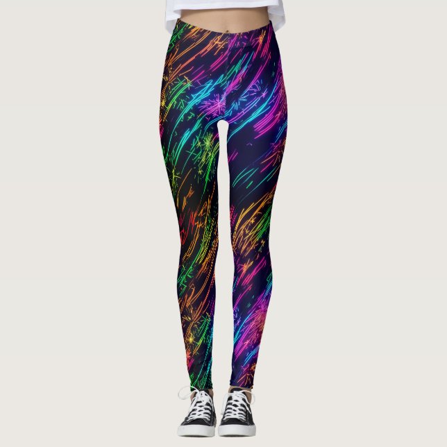 Trendy Fun Colorful Rainbow Fireworks Black Party Leggings (Vorderseite)