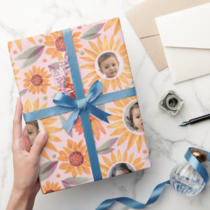 Trendy Gelbe Sonnenblumen Blush Pink 3 Foto Geschenkpapier