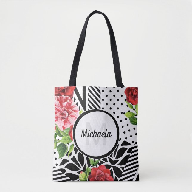 Trendy Geometric Stripe Muster Red Foral Monogram (Vorderseite)