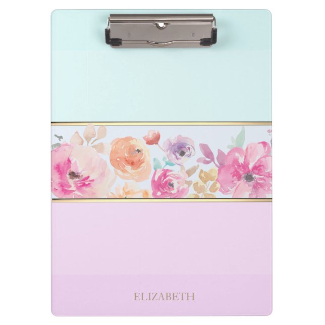 Trendy gestreift,Aquarellfarben Blume Personalisie Klemmbrett (Vorderseite)