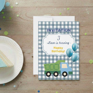 Trendy Gingham Blue Construction 3rd Birthday  Einladung