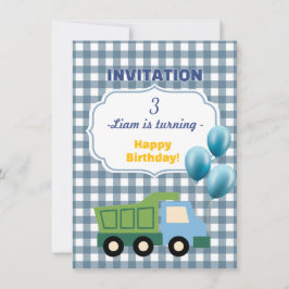 Trendy Gingham Blue Construction 3rd Birthday  Einladung