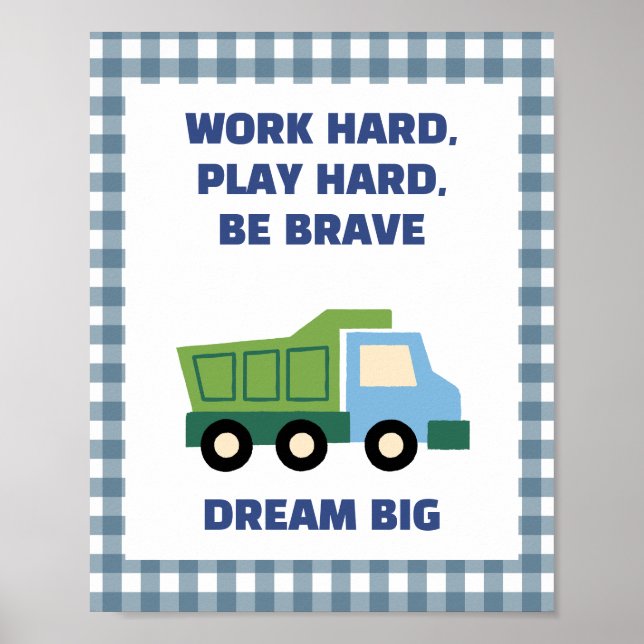 Trendy Gingham Blue Work Hard Play Hard Boys Room  Poster (Vorne)