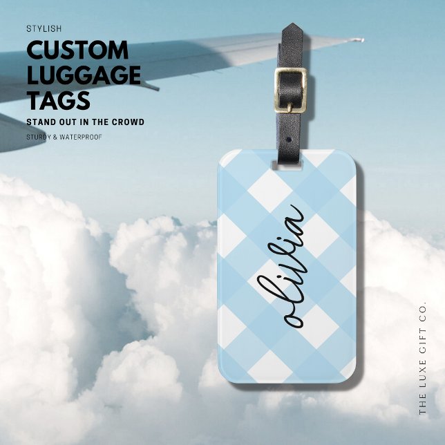Trendy Gingham Karo Blue Luggage Tag Gepäckanhänger (Von Creator hochgeladen)