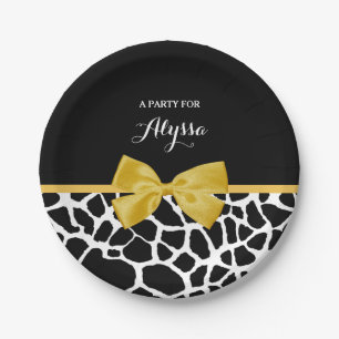 Trendy Giraffe Print Golden Yellow Bow mit Namen Pappteller