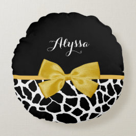 Trendy Giraffe Print Golden Yellow Bow mit Namen Rundes Kissen