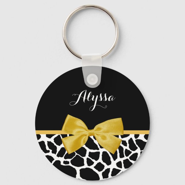 Trendy Giraffe Print Golden Yellow Bow mit Namen Schlüsselanhänger (Vorderseite)