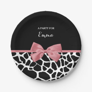 Trendy Giraffe Print Rosy Pink Bow mit Namen Pappteller