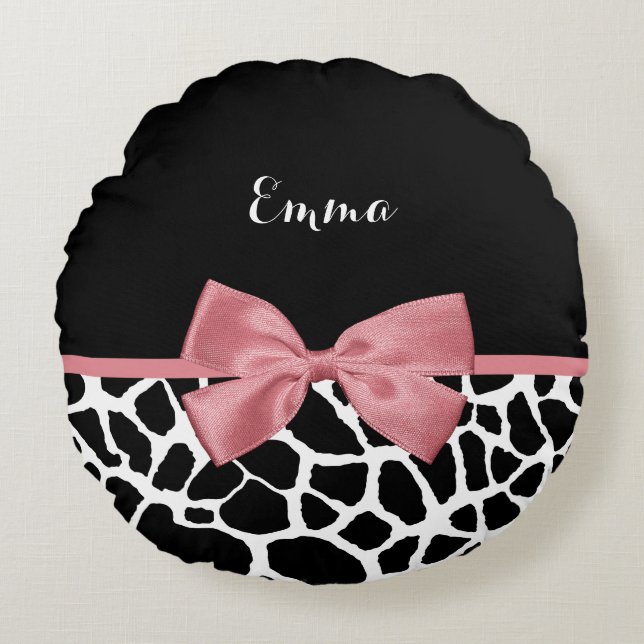 Trendy Giraffe Print Rosy Pink Bow mit Namen Rundes Kissen (Vorderseite)