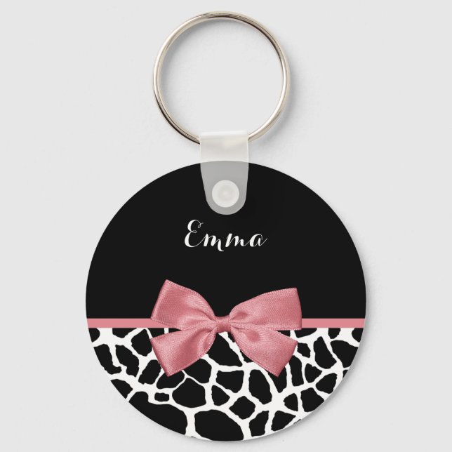 Trendy Giraffe Print Rosy Pink Bow mit Namen Schlüsselanhänger (Vorderseite)