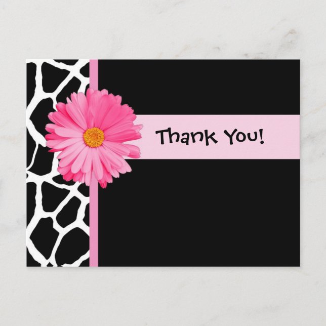 Trendy Giraffe Print Vielen Dank mit Pink Daisy Postkarte (Vorderseite)