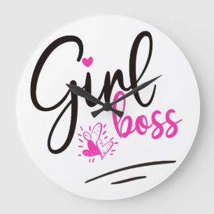 Trendy Girl Boss Typography Pink Black hearts Große Wanduhr