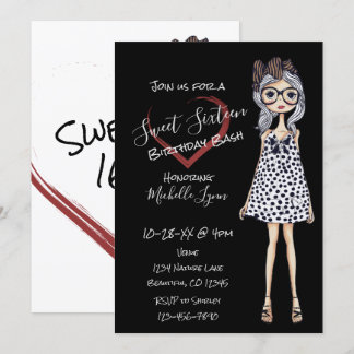 Trendy Girl n Heart Schwarz-weiß Sweet 16 Birthday Einladung