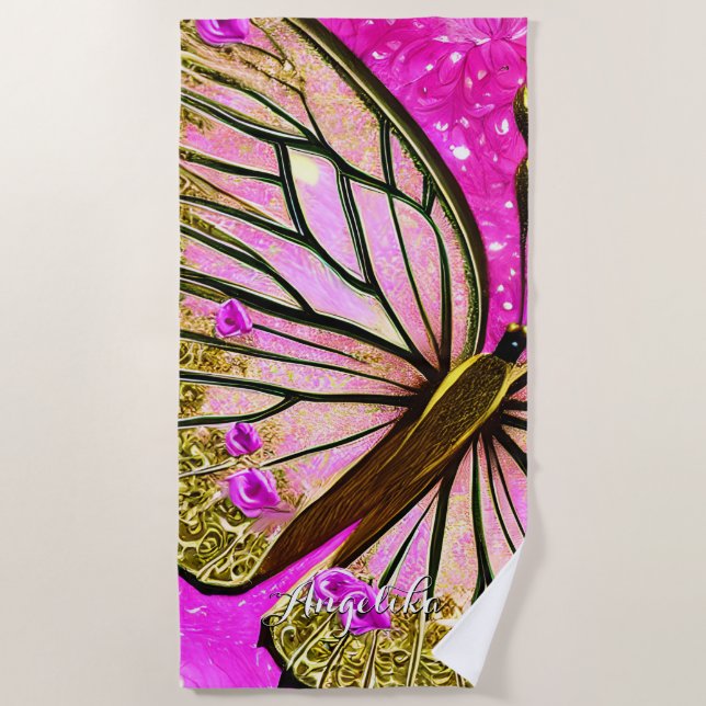 Trendy Girl Pink und Gold Butterfly Individuelle N Strandtuch (Vorderseite)