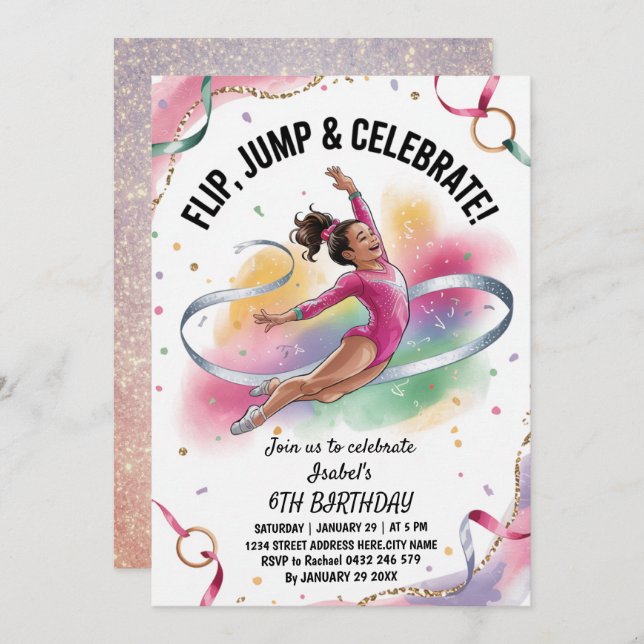 Trendy Girls Gymnast Gymnastics Birthday Party     Einladung (Vorne/Hinten)