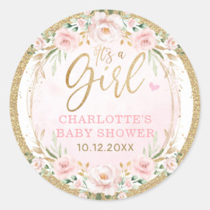Trendy Girly Blush Gold Pink Floral Baby Girl Runder Aufkleber