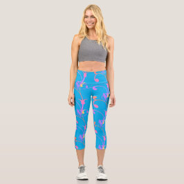 Trendy Girly Bright Blue und Pink Floral Patter Capri Leggings