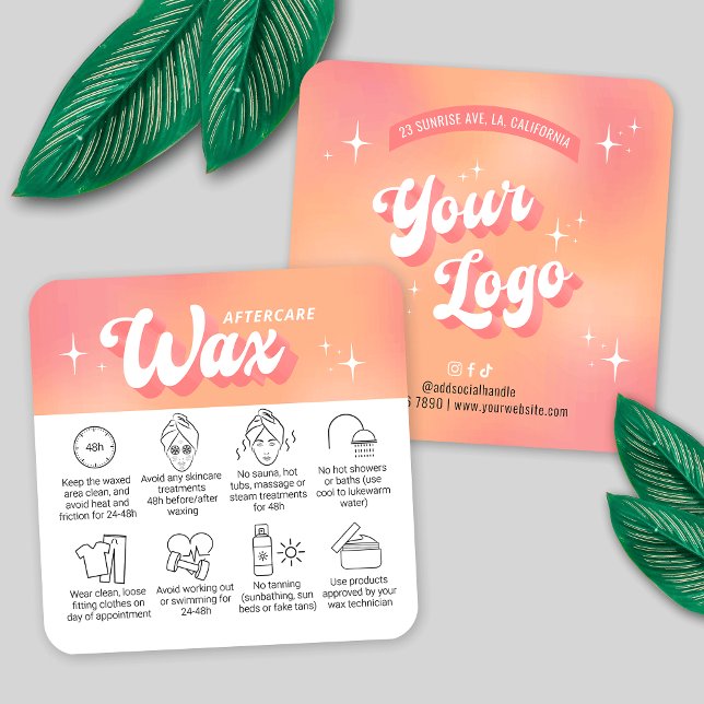 Trendy Girly Peach Groovy Waxing Aftercare Guide Quadratische Visitenkarte (waxing prep + aftercare instructions cards in trendy groovy style with your logo and custom text)