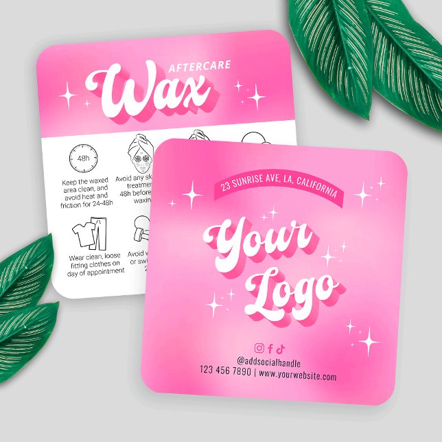 Trendy Girly Pink Groovy Waxing Aftercare Guide Quadratische Visitenkarte (Trendy waxing care cards with icons, featuring girly pink design, care icons & retro fonts)
