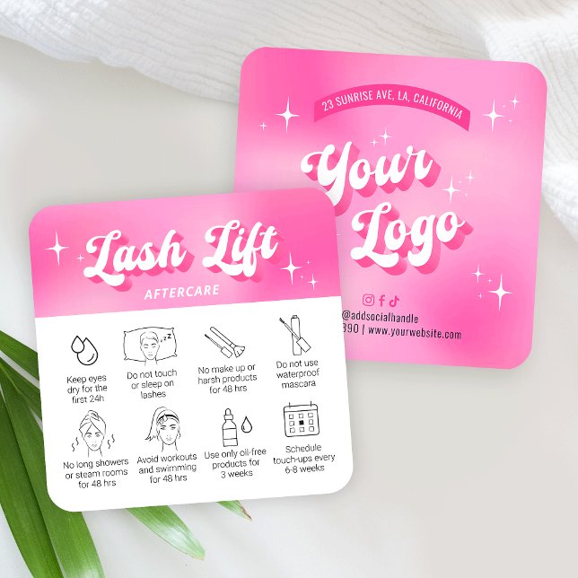 Trendy Girly Pink Lash Lift & Tint Aftercare Cards Quadratische Visitenkarte (Trendy lash lift & tint care cards with icons, featuring girly pink design, care icons & retro fonts)